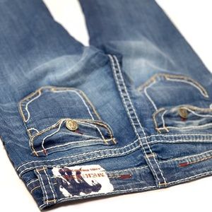MEK Jeans 27 x 29 1/2” Rd/Tn/Wht/Blu Contrast